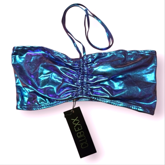 Dolls Kill Tops - Club Exx Metallic Blue Bandeau Top, size medium